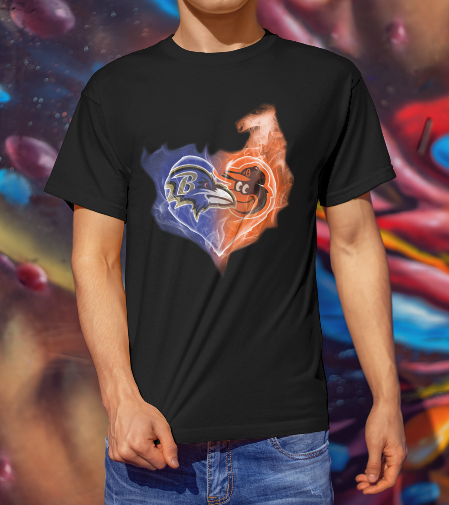 Baltimore Ravens Orioles Heart Flame T-Shirt