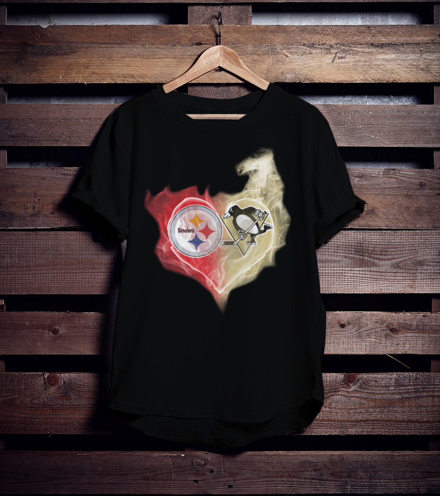 Steelers Pittsburgh Penguins Heart Shape Emblem T-Shirt
