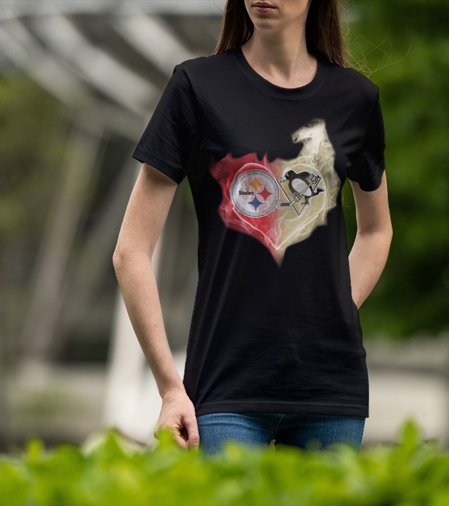 Steelers Pittsburgh Penguins Heart Shape Emblem T-Shirt