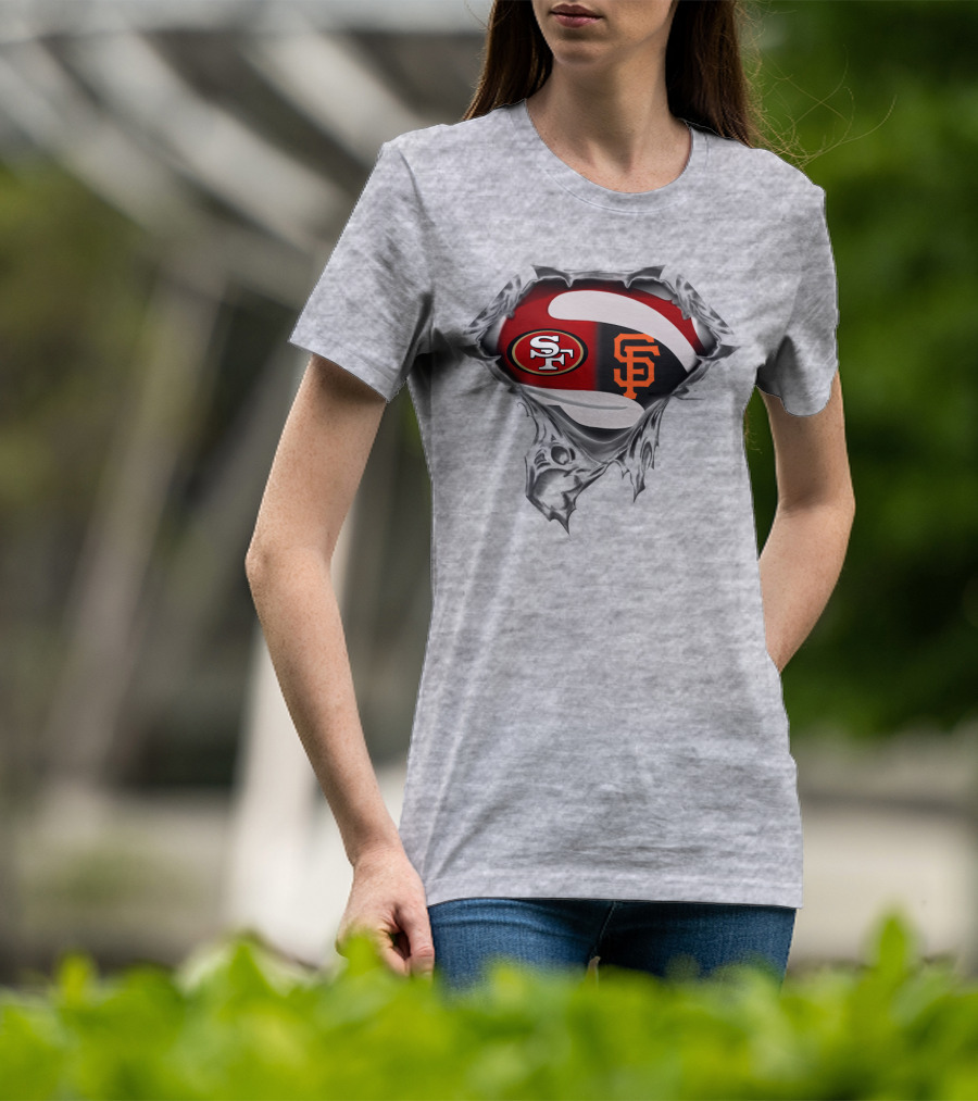 Sf 49ers And Giants Logos Inside Superhero Style T-Shirt
