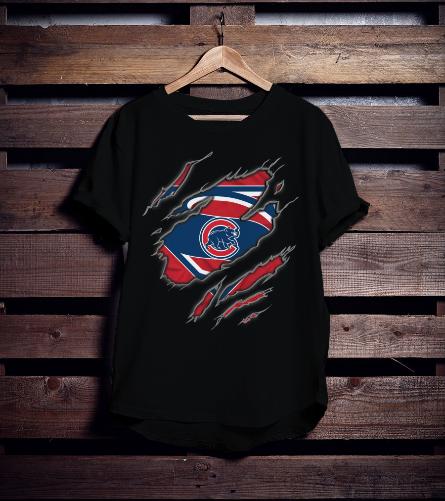 Chicago Cubs Superhero Shield Bear Claw Ripped T-Shirt