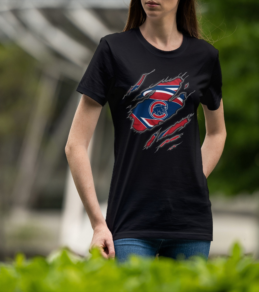 Chicago Cubs Superhero Shield Bear Claw Ripped T-Shirt