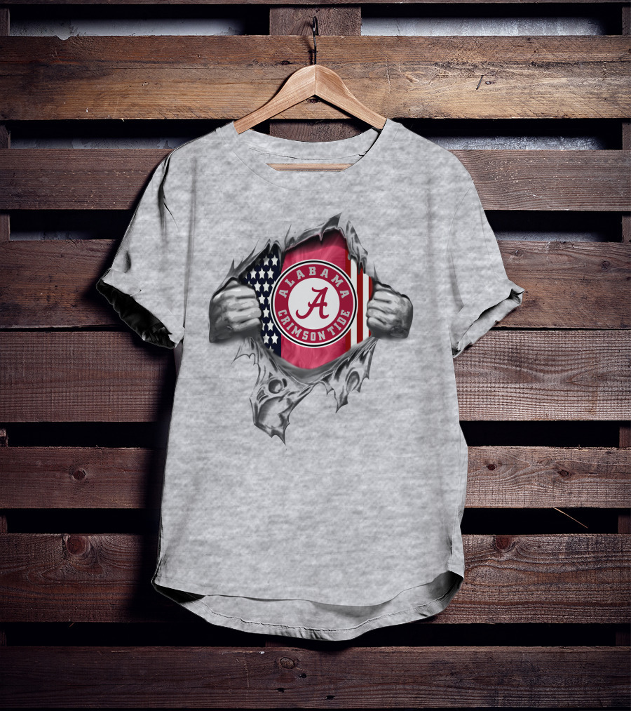 Alabama Crimson Tide American Flag Ripped Style T-Shirt