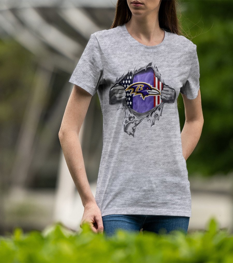 Baltimore Ravens American Flag Logo Graphic With Ripped Effect T-Shirt