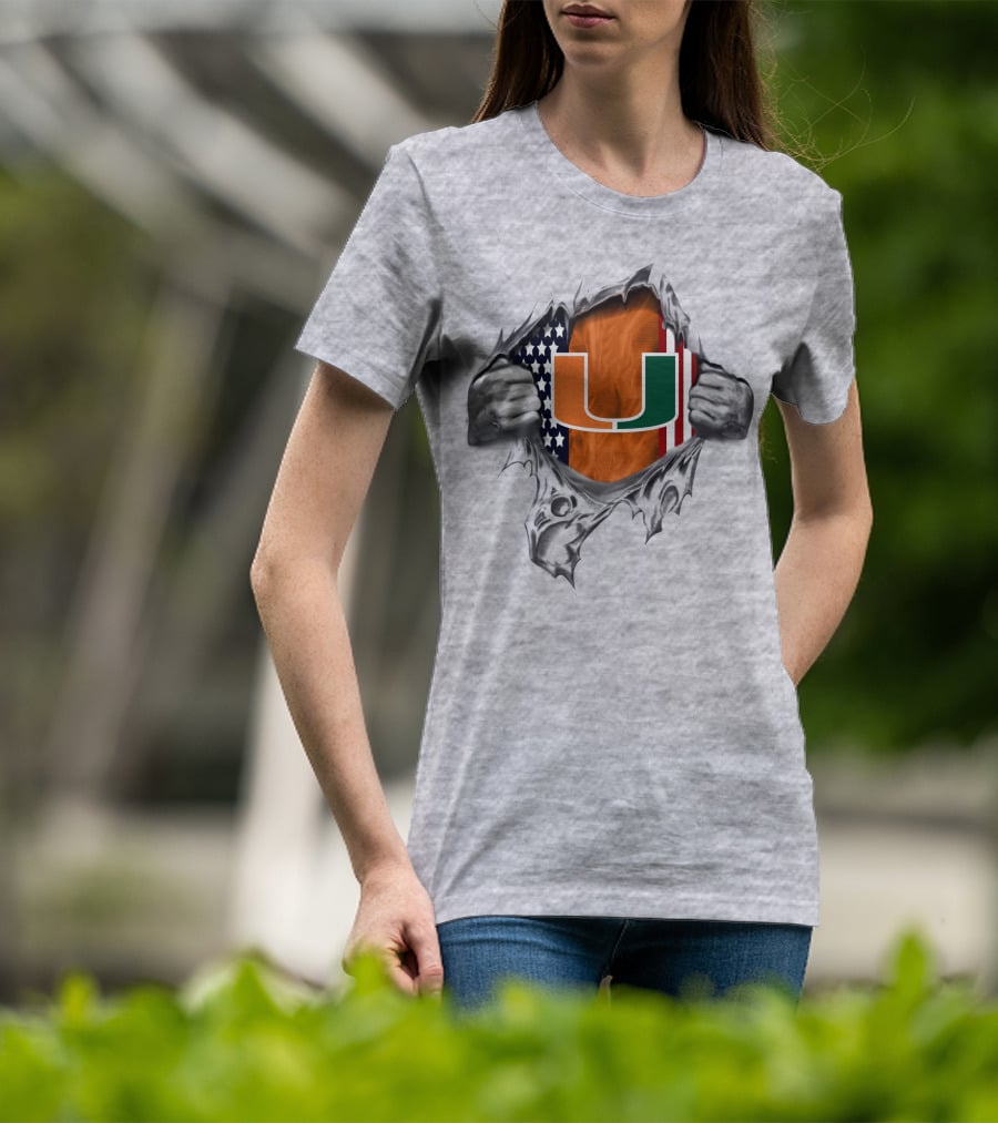Usa Flag Miami Hurricanes U Logo Burst T-Shirt