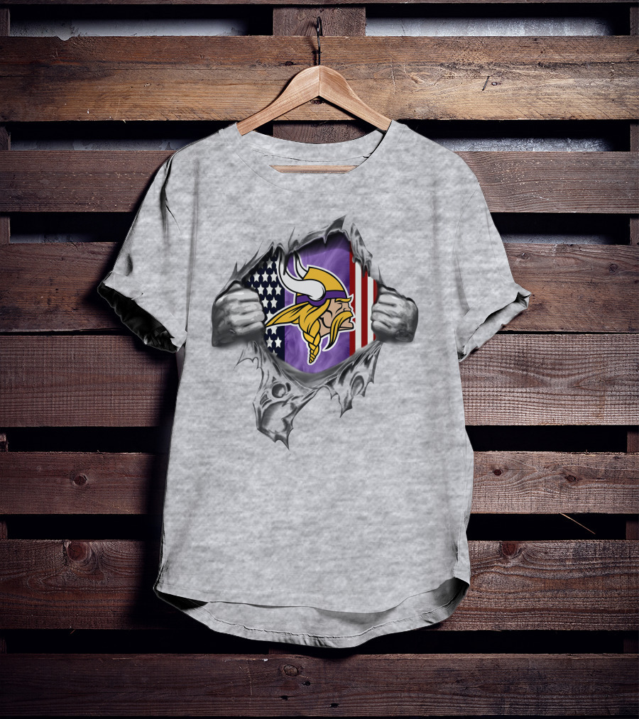 Ripped American Flag With Minnesota Vikings Logo And Viking Head T-Shirt