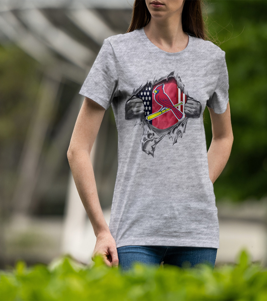 St Louis Cardinals American Flag Baseball Logo Torn Reveal T-Shirt