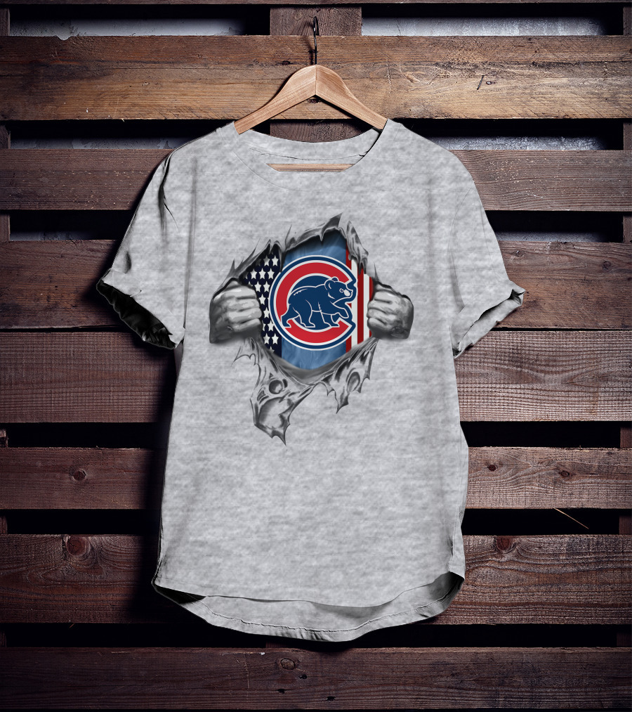 Chicago Cubs Bear With American Flag And Torn T-Shirt