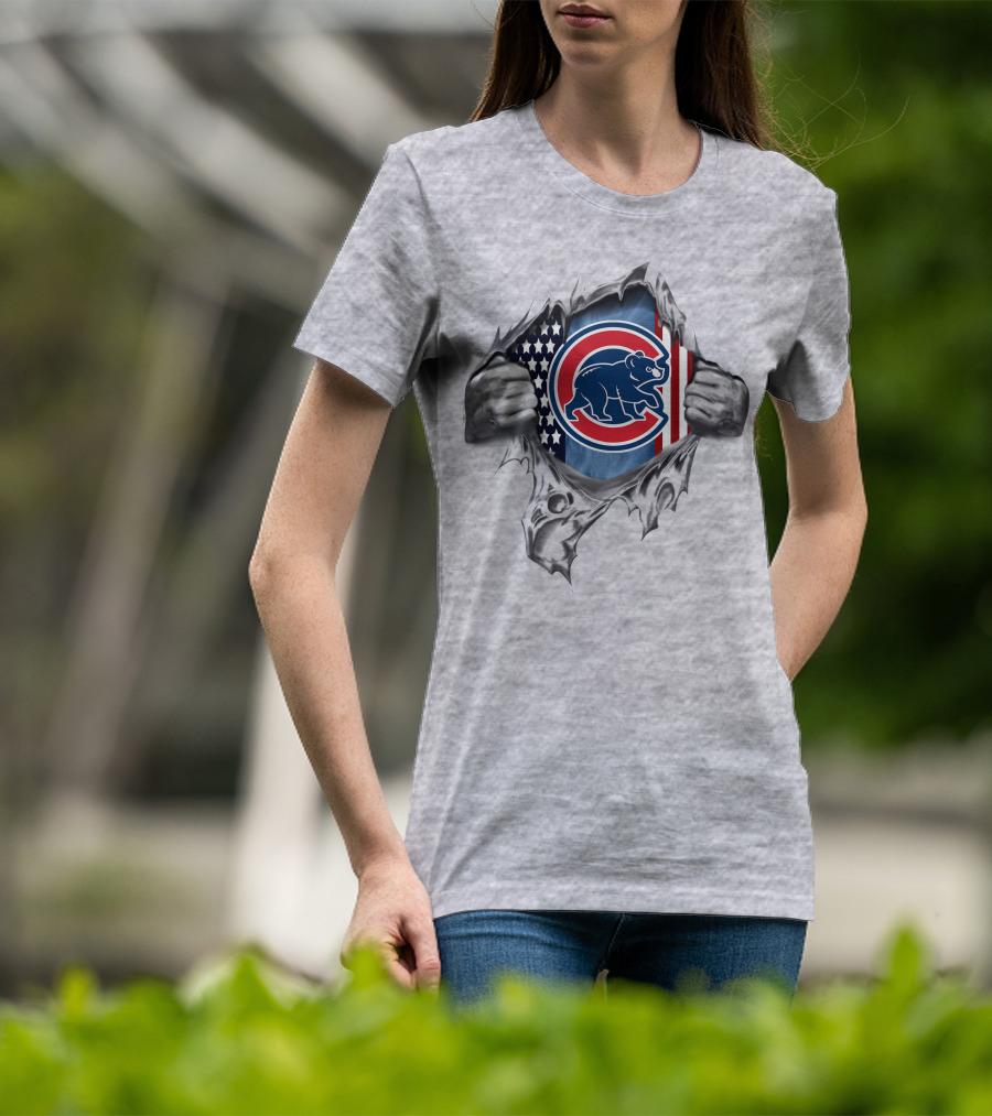 Chicago Cubs Bear With American Flag And Torn T-Shirt