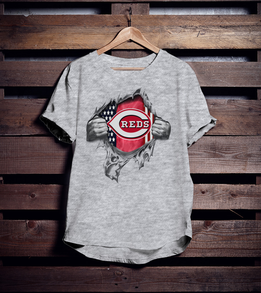 Cincinnati Reds Flag American Flag Ripped T-Shirt