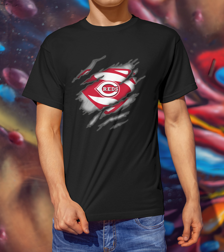 Cincinnati Reds Logo Superman Style Tear Reveal T-Shirt