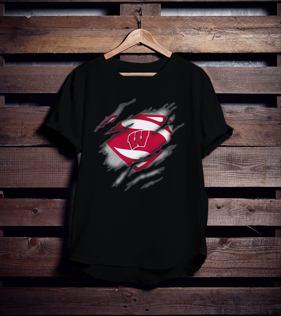Wisconsin Badgers Logo With Superman Style Shield Print T-Shirt