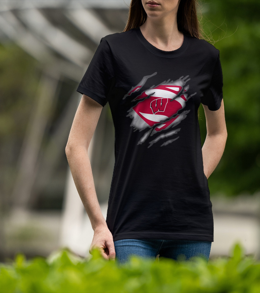Wisconsin Badgers Logo With Superman Style Shield Print T-Shirt