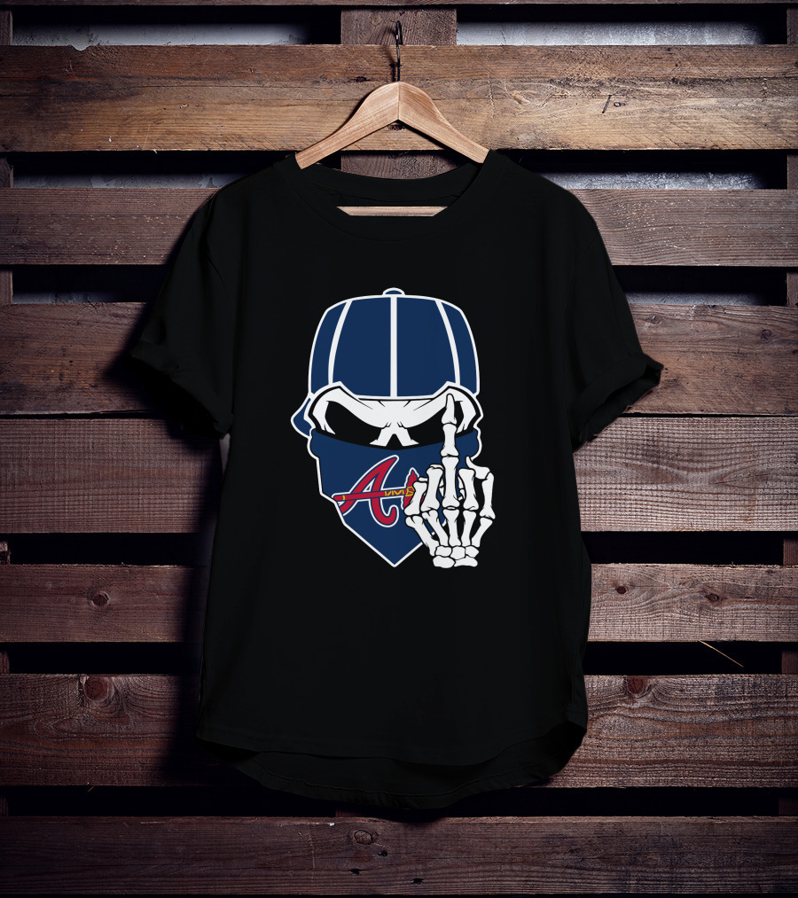 Atlanta Braves Skull Bandana And Skeleton Hand Gesture T-Shirt