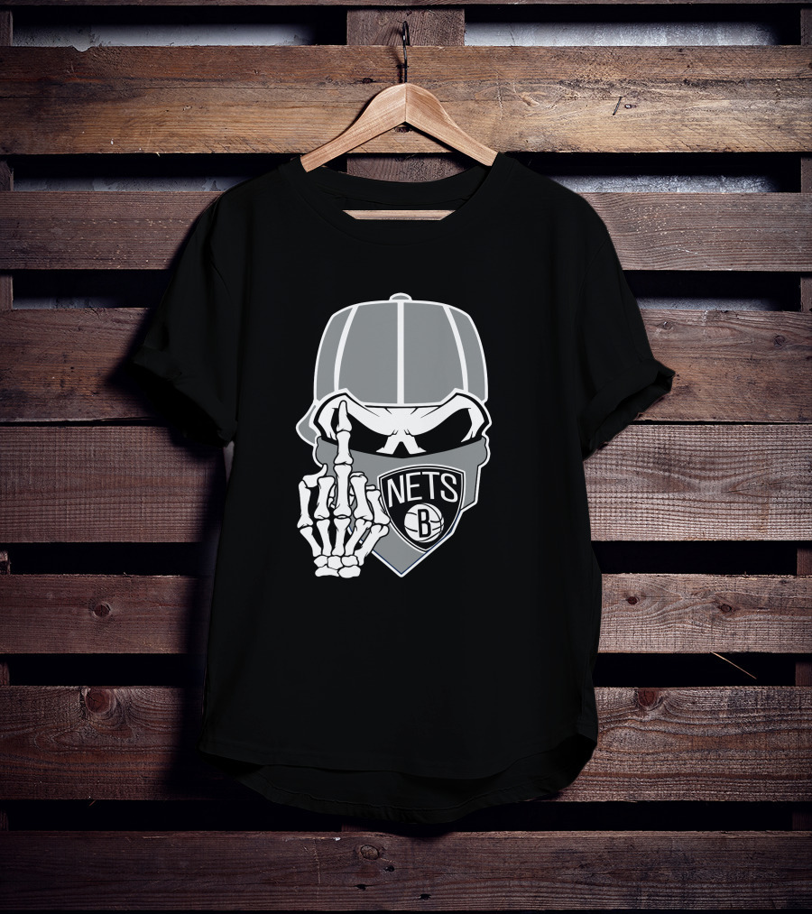 Brooklyn Nets Skull Skeleton Hand Gesture T-Shirt