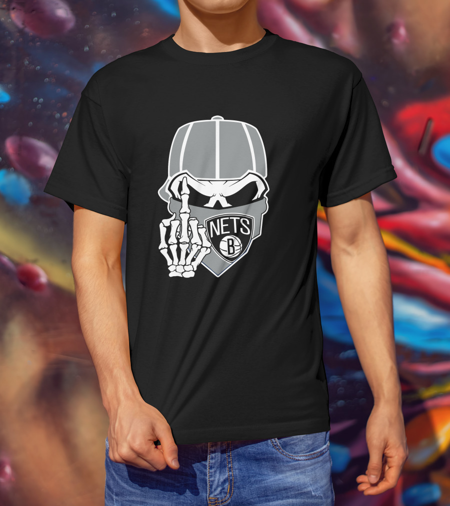 Brooklyn Nets Skull Skeleton Hand Gesture T-Shirt