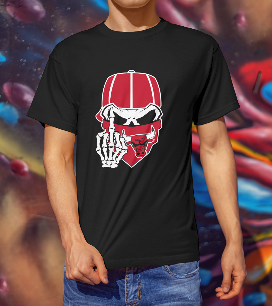 Chicago Bulls Skull Bandana Skeleton Hand Gesture T-Shirt