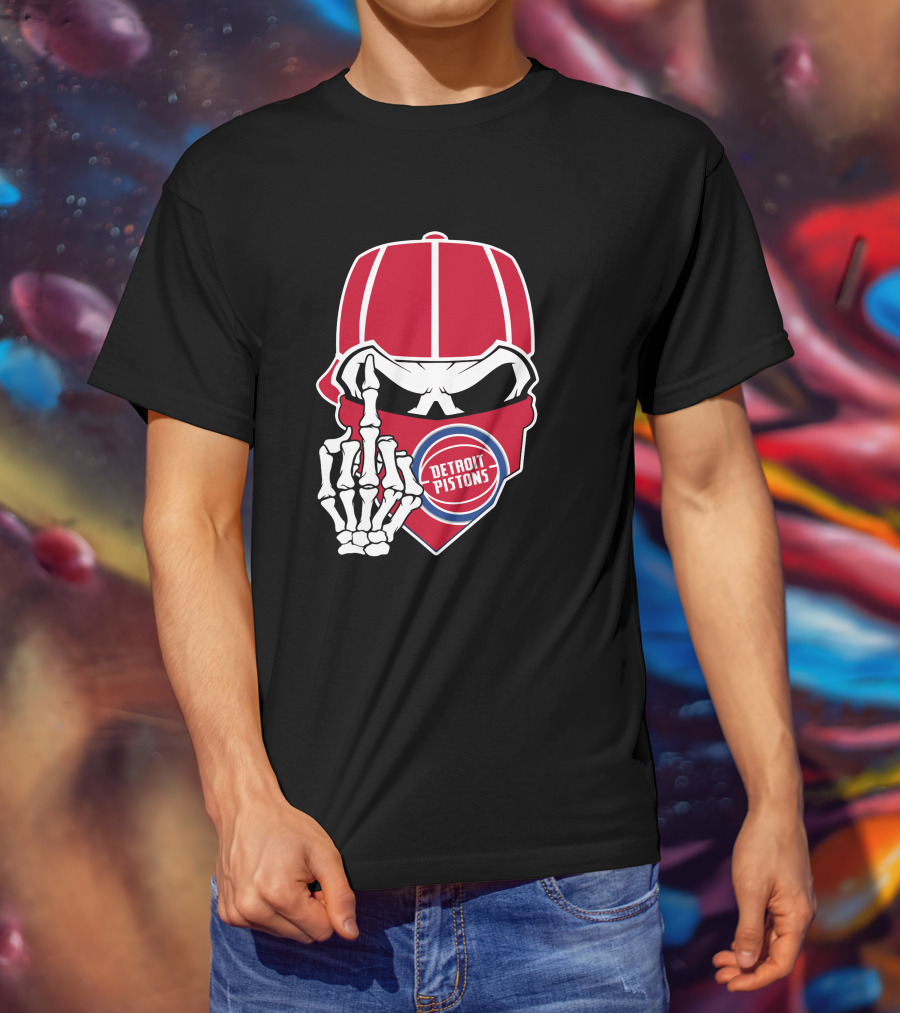 Detroit Pistons Skull Bandana Skeleton Gesture T-Shirt