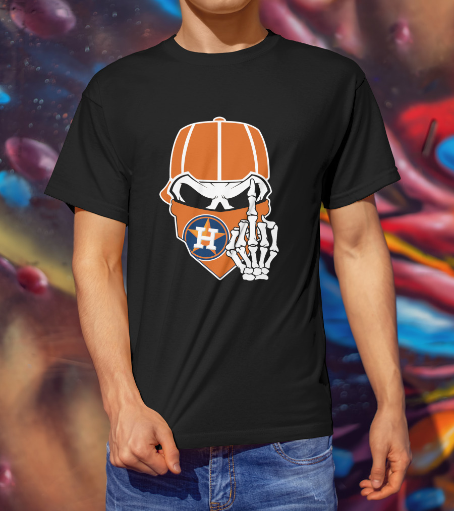 Houston Astros Skull With Cap And Skeleton Hand T-Shirt