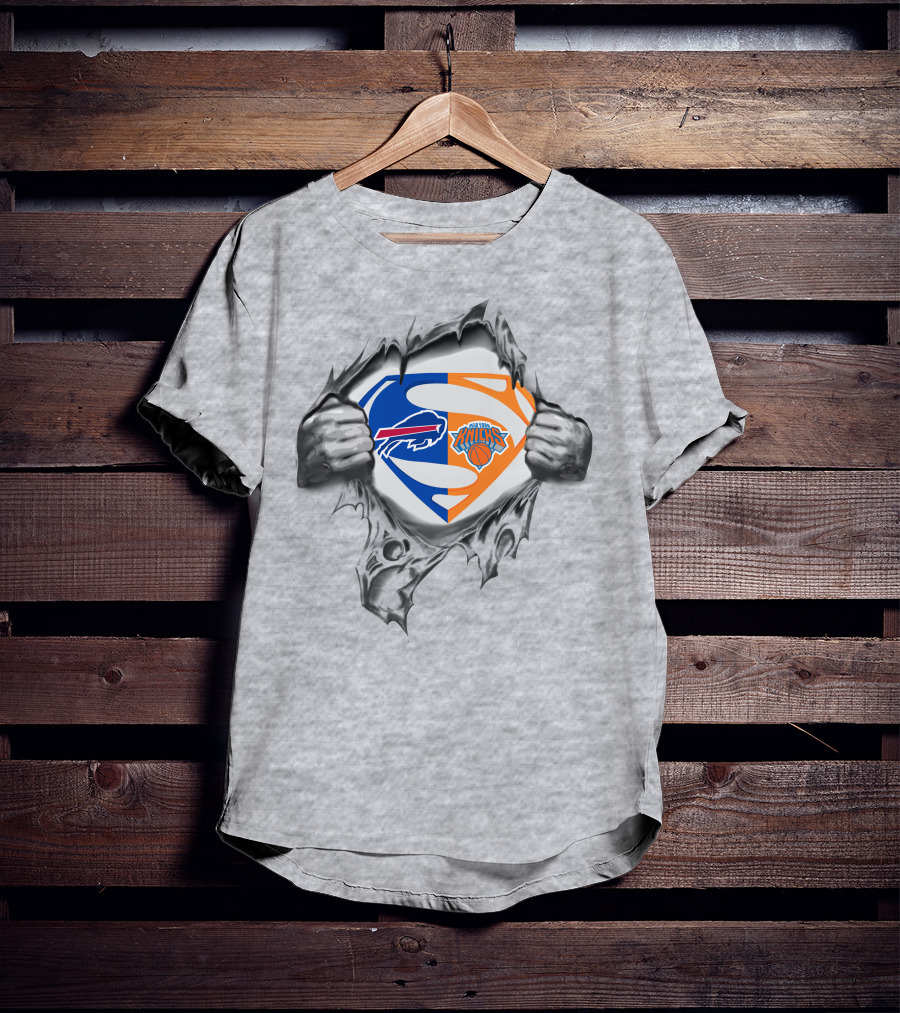 Bills New York Knicks Superman Logo Crossover Busting Through T-Shirt