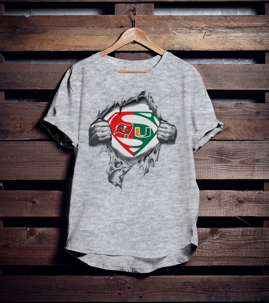 Superman Logo With Buccaneers And Miami Hurricanes Symbols Tear Reveal T-Shirt