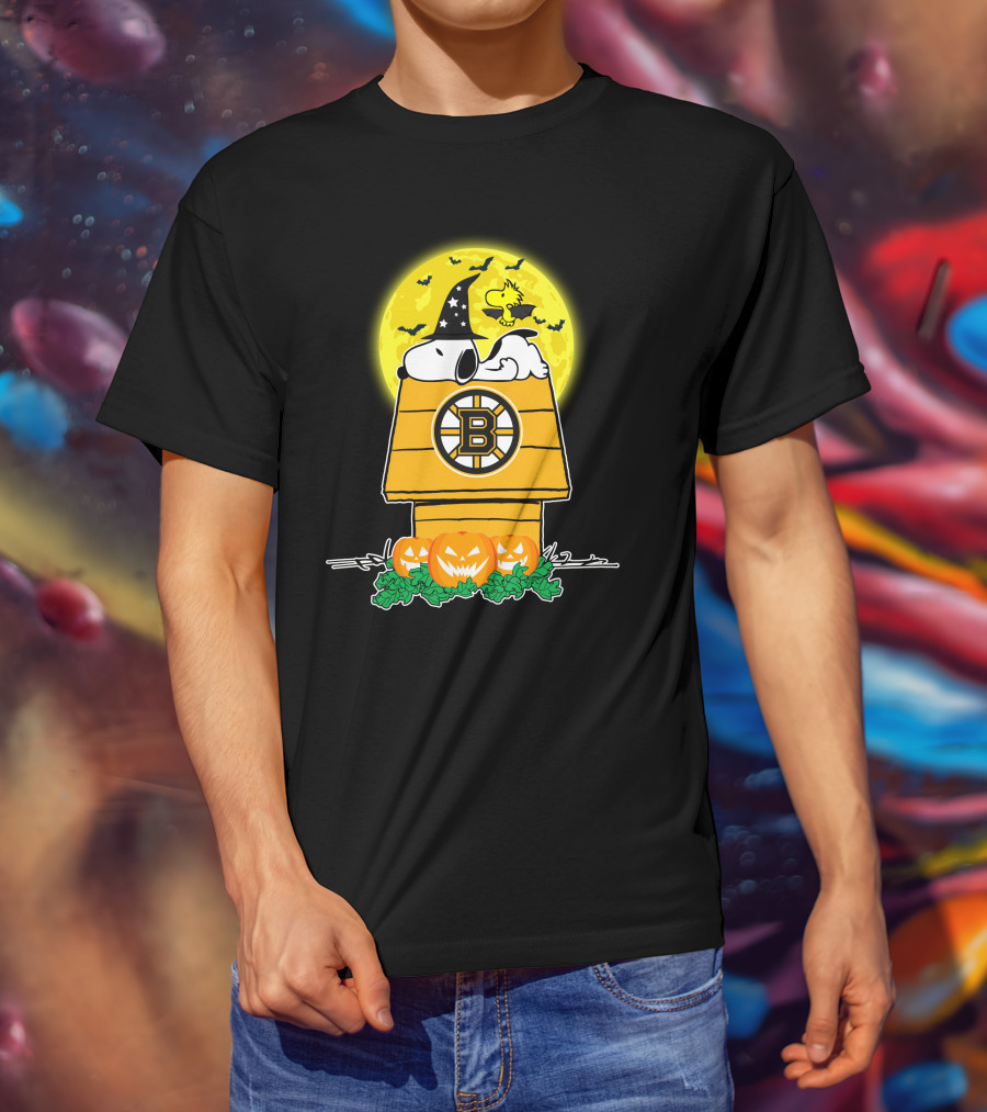 Boston Bruins Snoopy Halloween Moon Pumpkins Woodstock T-Shirt