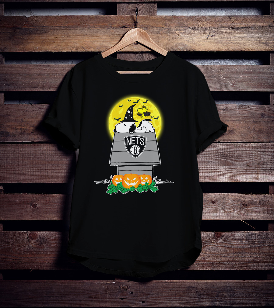 Brooklyn Nets Snoopy Halloween Moon With Pumpkins And Woodstock T-Shirt