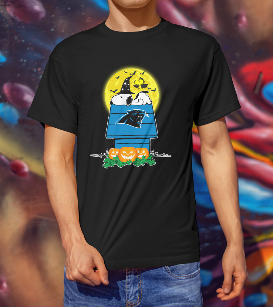 Carolina Panthers Snoopy Woodstock Halloween Pumpkins Moon House T-Shirt