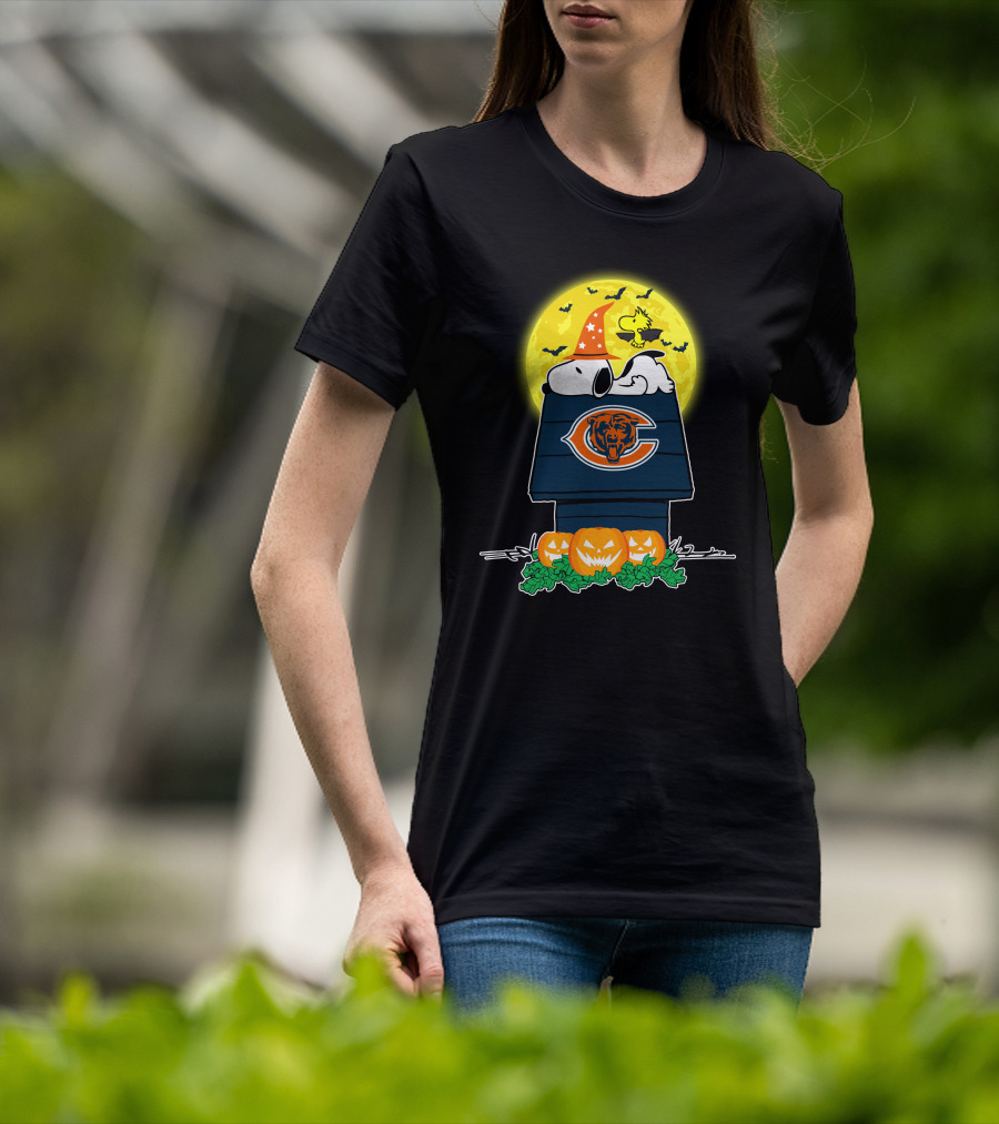 Snoopy And Woodstock With Chicago Bears Logo Halloween Scene T-Shirt