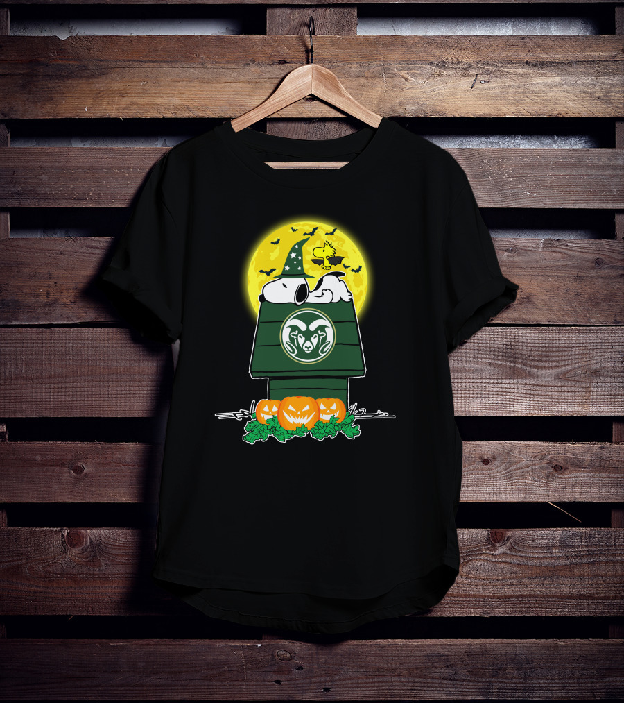 Colorado State Rams Snoopy Halloween Moon With Pumpkins And Woodstock On Doghouse T-Shirt