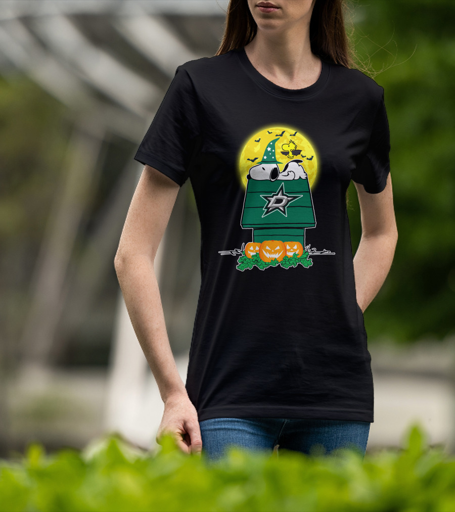 Dallas Stars Snoopy Halloween Moon Pumpkins Woodstock T-Shirt