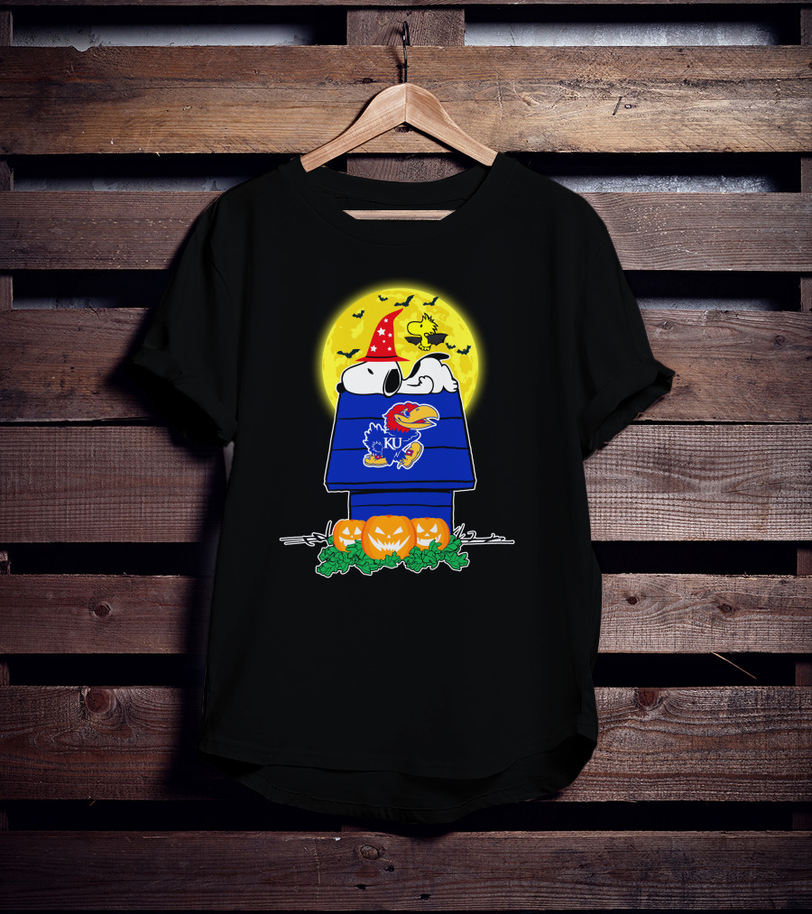 Kansas Jayhawks Snoopy Woodstock Halloween Full Moon Pumpkin House T-Shirt