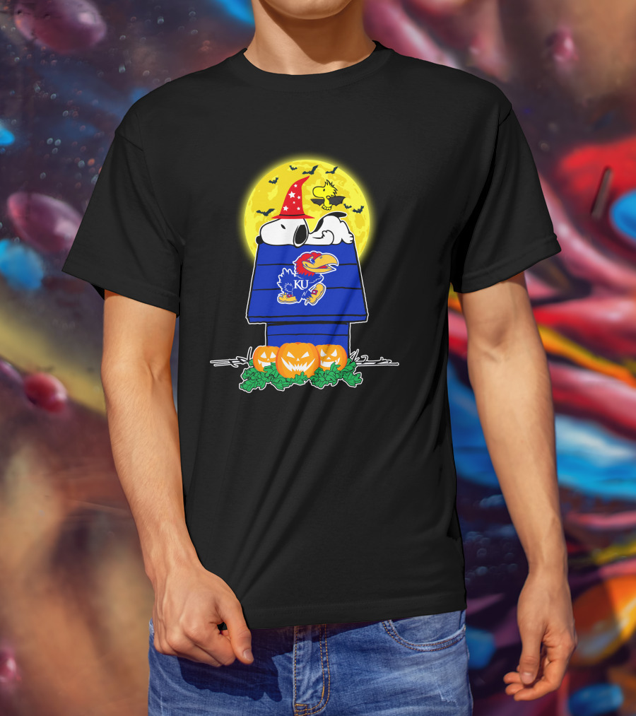 Kansas Jayhawks Snoopy Woodstock Halloween Full Moon Pumpkin House T-Shirt