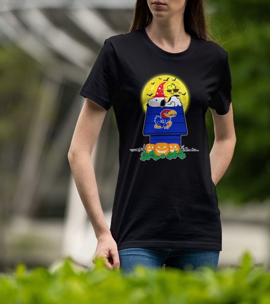 Kansas Jayhawks Snoopy Woodstock Halloween Full Moon Pumpkin House T-Shirt