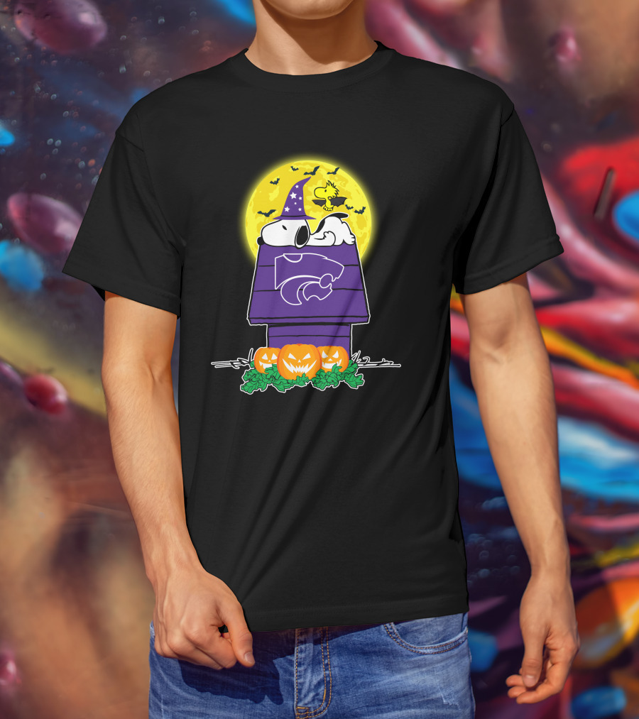 Kansas State Wildcats Snoopy Halloween Moon Pumpkins Peanuts Woodstock T-Shirt