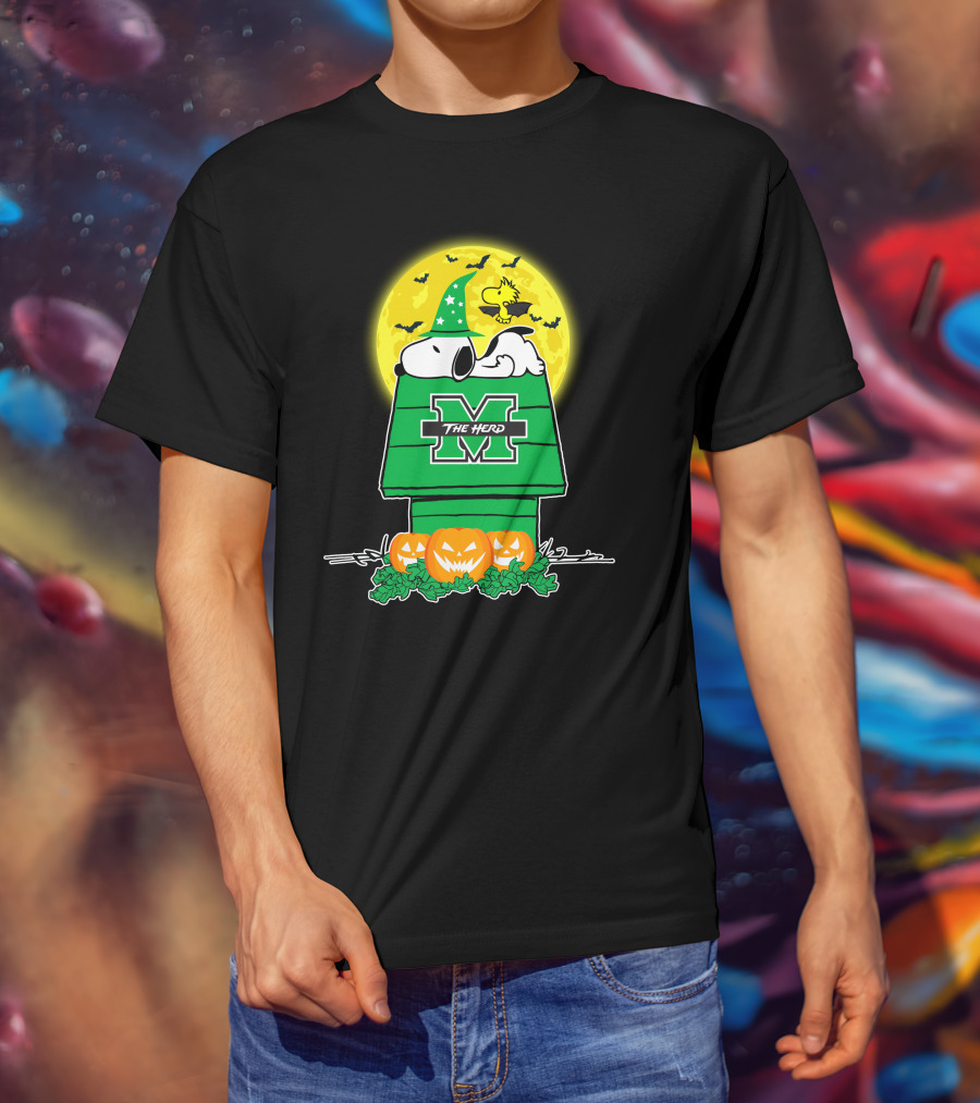 Marshall Thundering Herd Snoopy Woodstock Halloween Pumpkins Moon T-Shirt