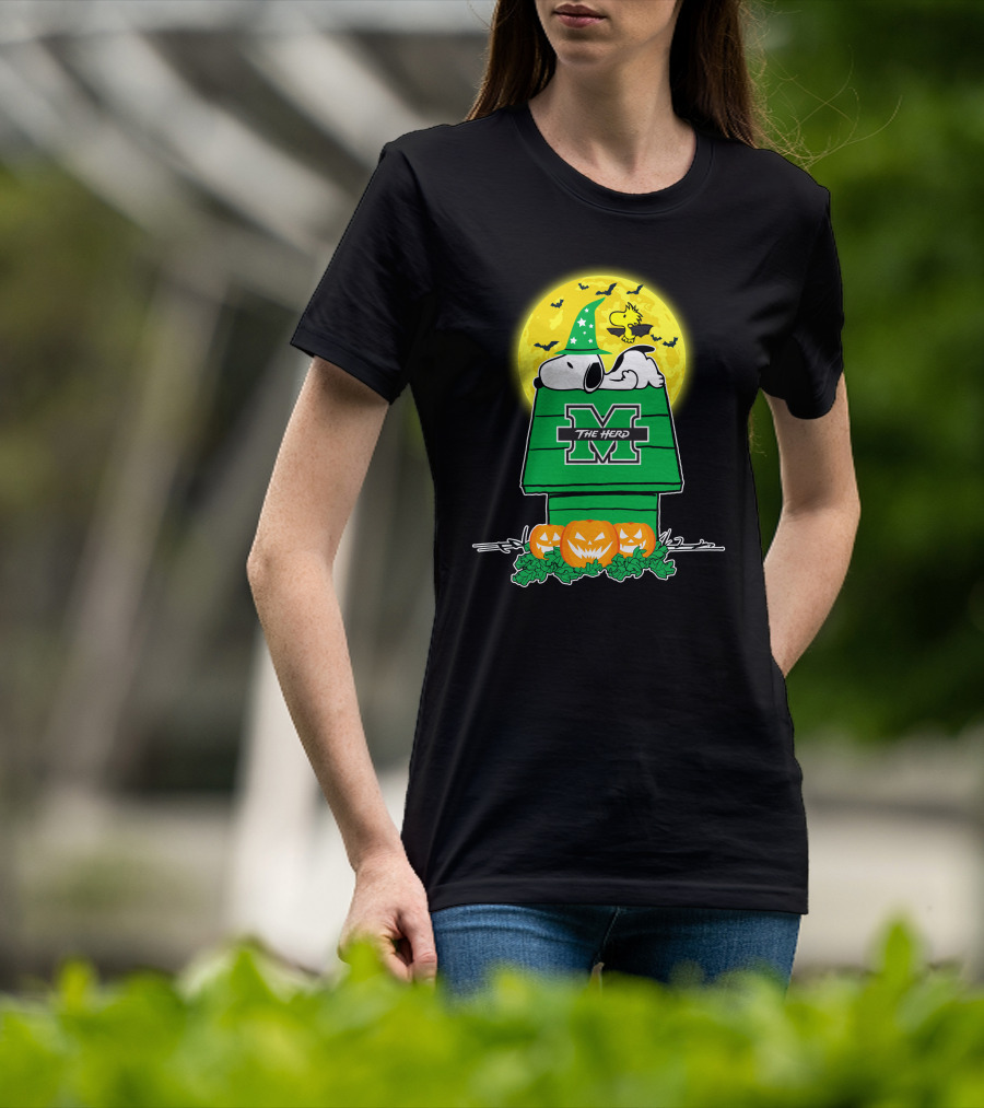 Marshall Thundering Herd Snoopy Woodstock Halloween Pumpkins Moon T-Shirt