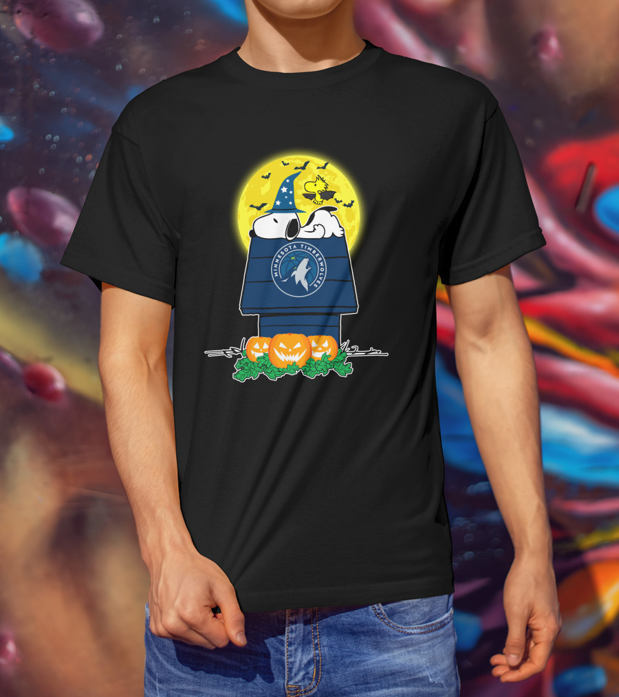 Minnesota Timberwolves Snoopy Halloween Moon Pumpkins Woodstock Bats T-Shirt