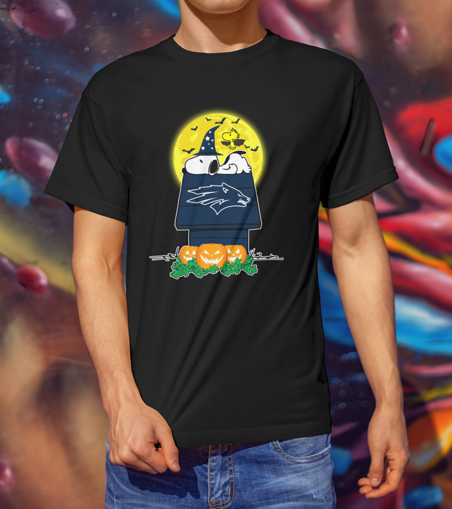Nevada Wolf Pack Snoopy Woodstock Halloween Pumpkins Moon Bats T-Shirt