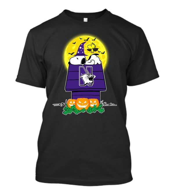 Northwestern Wildcats Snoopy Halloween Peanuts Moon Pumpkins Woodstock T-Shirt