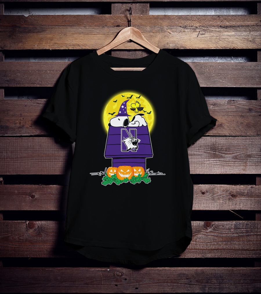Northwestern Wildcats Snoopy Halloween Peanuts Moon Pumpkins Woodstock T-Shirt