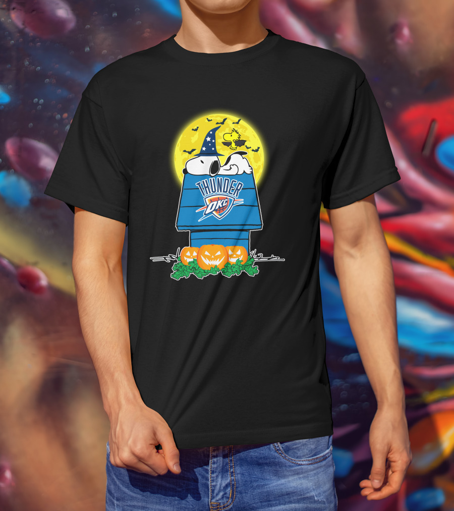 Oklahoma City Thunder Snoopy Halloween Moon Pumpkins T-Shirt