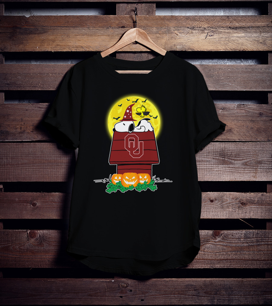Oklahoma Sooners Snoopy Woodstock Halloween Moon Jack-O'-Lanterns T-Shirt