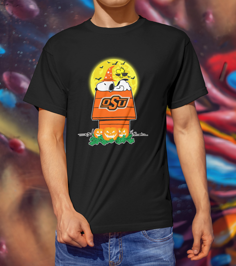 Oklahoma State Cowboys Snoopy Woodstock Halloween Moon Pumpkins T-Shirt