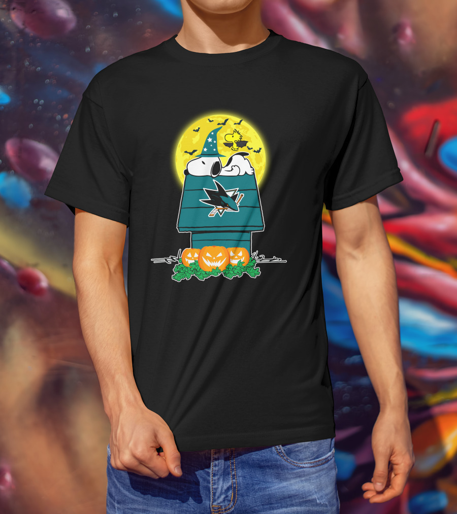 San Jose Sharks Snoopy Halloween Moon Wizard Woodstock Pumpkins T-Shirt