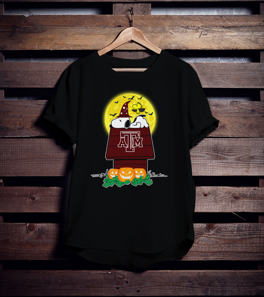 Texas Am Aggies Snoopy Moonlit Halloween With Pumpkins T-Shirt