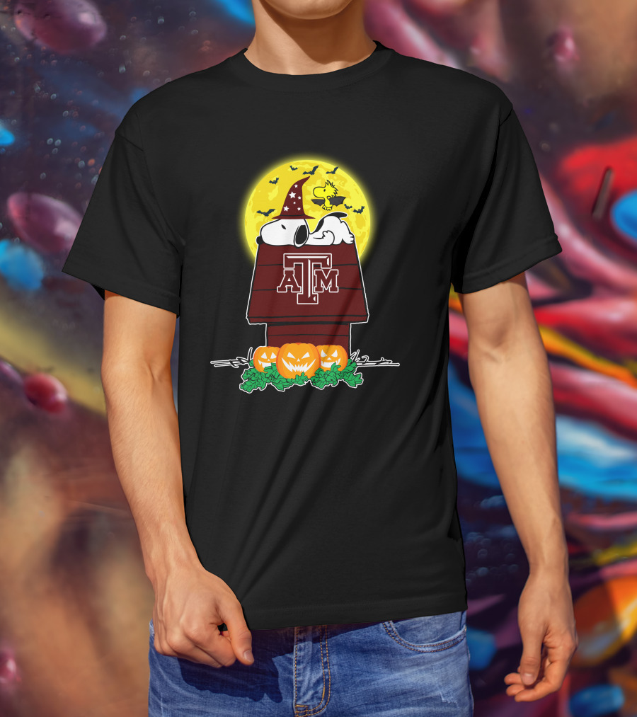 Texas Am Aggies Snoopy Moonlit Halloween With Pumpkins T-Shirt