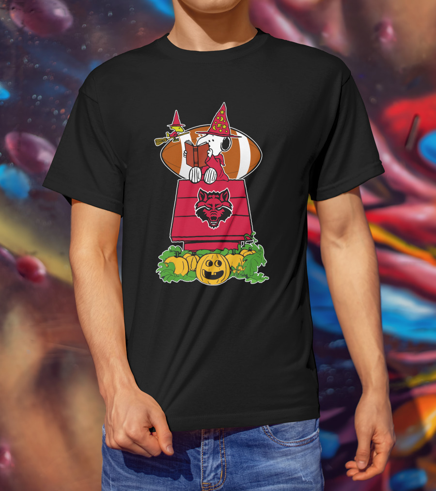 Snoopy Woodstock Witch Halloween Arkansas State Red Wolves Football Pumpkin Patch T-Shirt
