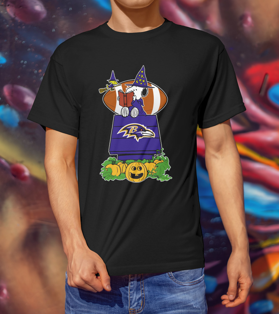 Baltimore Ravens Snoopy Halloween Witch Woodstock Pumpkin Football House T-Shirt
