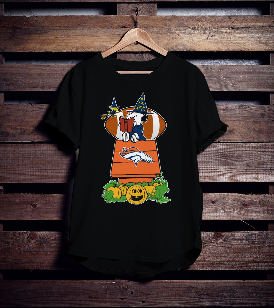 Denver Broncos Snoopy Halloween Football Wizard Pumpkin Scene T-Shirt